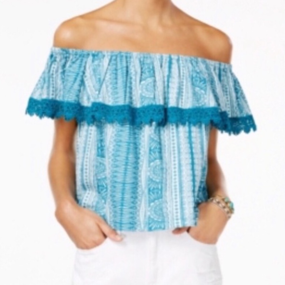 Roxy Teal Blue Aztec Off the Shoulder Top